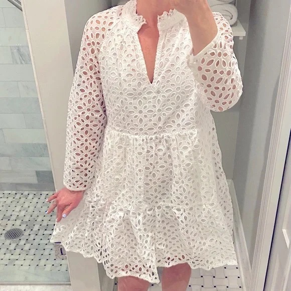 J.CREW  EYELET TIERED
EMBROIDERED POPOVER DRESS -
WHITE - Size Medium - Picture 2 of 9